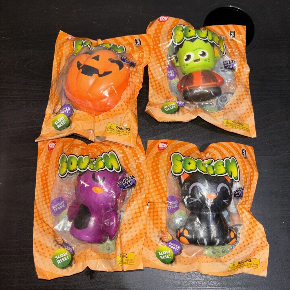 The Toy Network Squish Halloween Character Set 3.5” Frankenstein Pumpkin Cat Bat